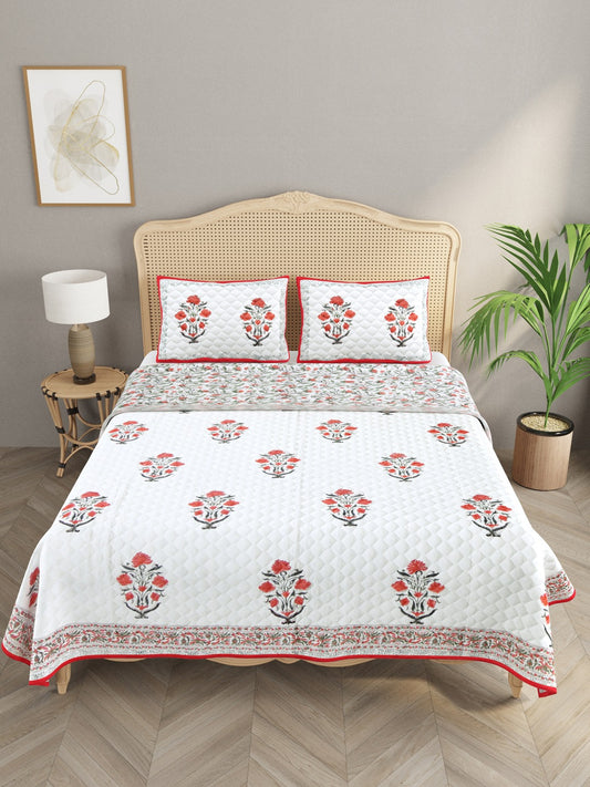Handblock Printed Quilted Reversible Cotton Bedcover with 2 Pillow Covers