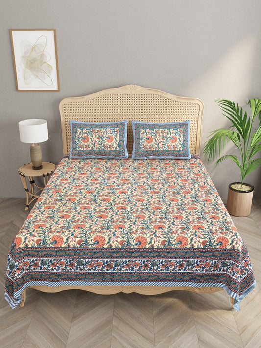 Floral Print Cotton Double King Bedsheet with 2 Pillow Covers