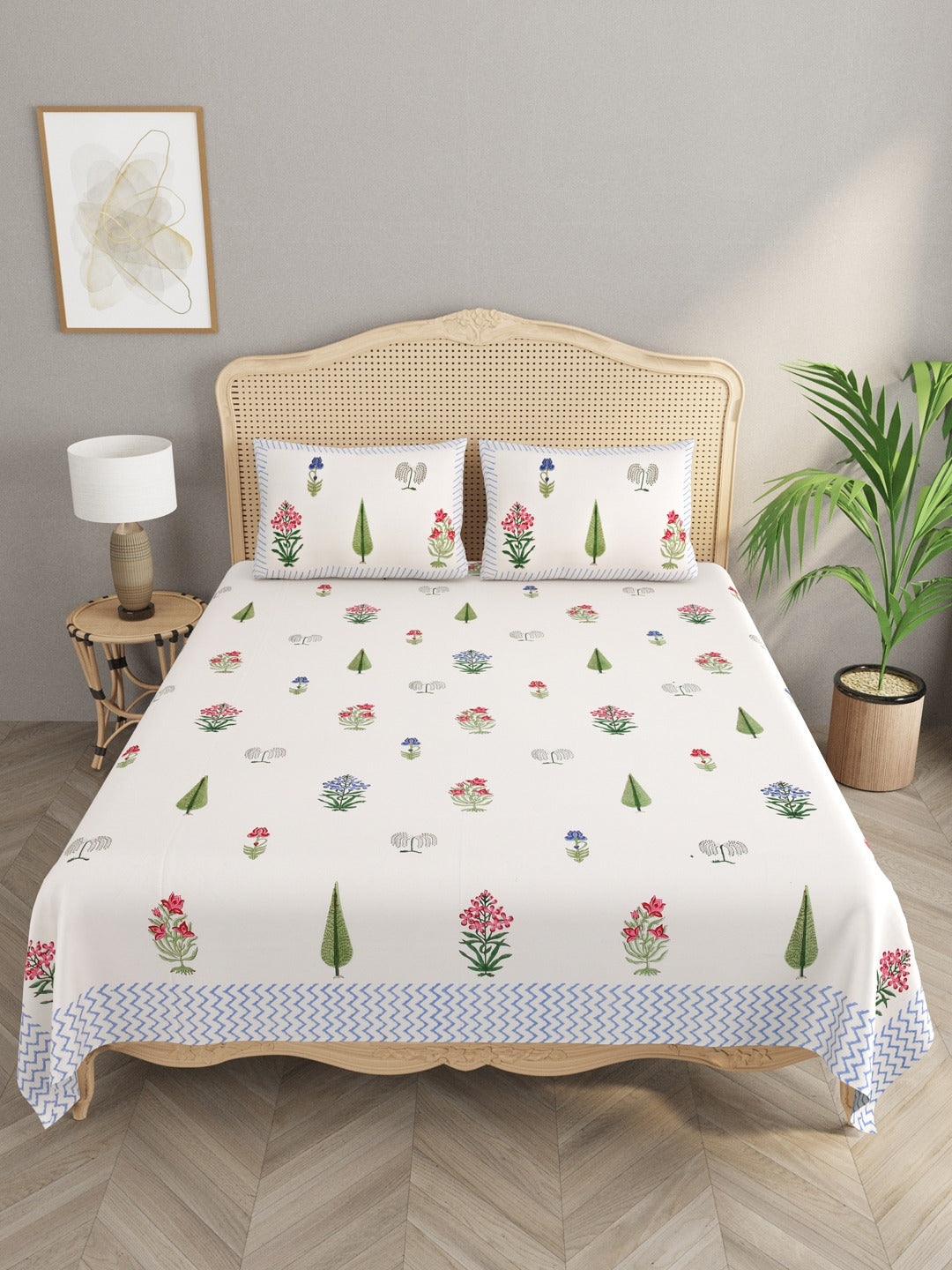 Handblock Printed Double King Bedsheet with 2 Pillow Covers