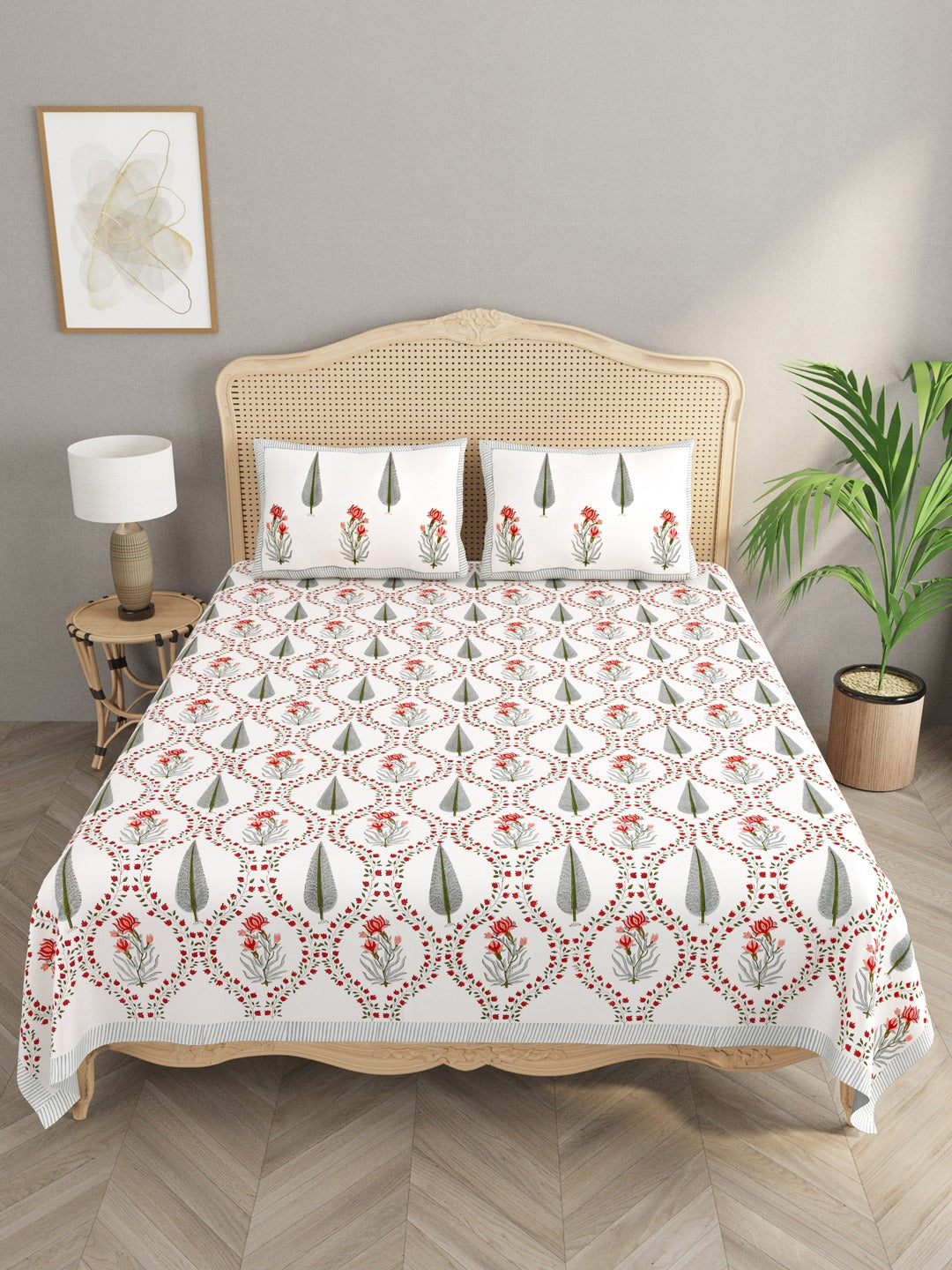 Handblock Printed Super King Size Bedsheet with 2 Pillow Covers