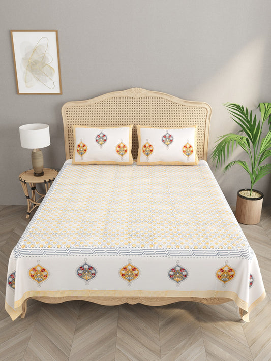 Handblock Printed Double King Bedsheet with 2 Pillow Covers