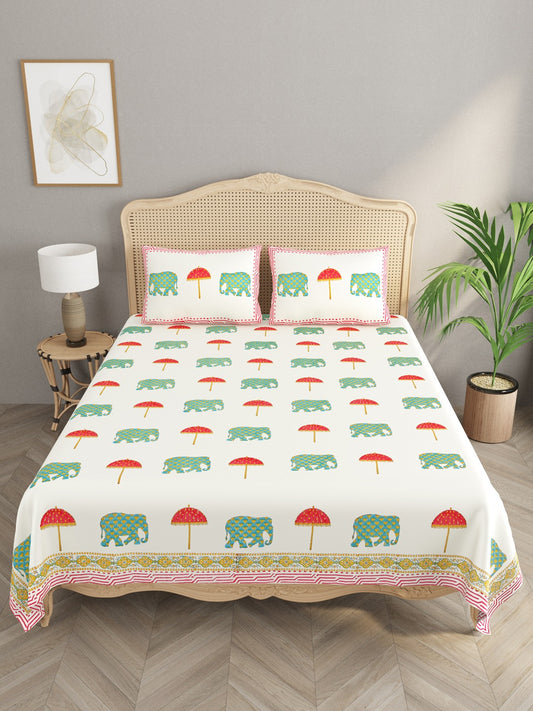Handblock Printed Super King Size Bedsheet with 2 Pillow Covers